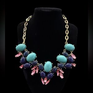 Statement Bib Necklace Turquoise w/ Navy Pink Cabochon Stones an Gold Tone Chain